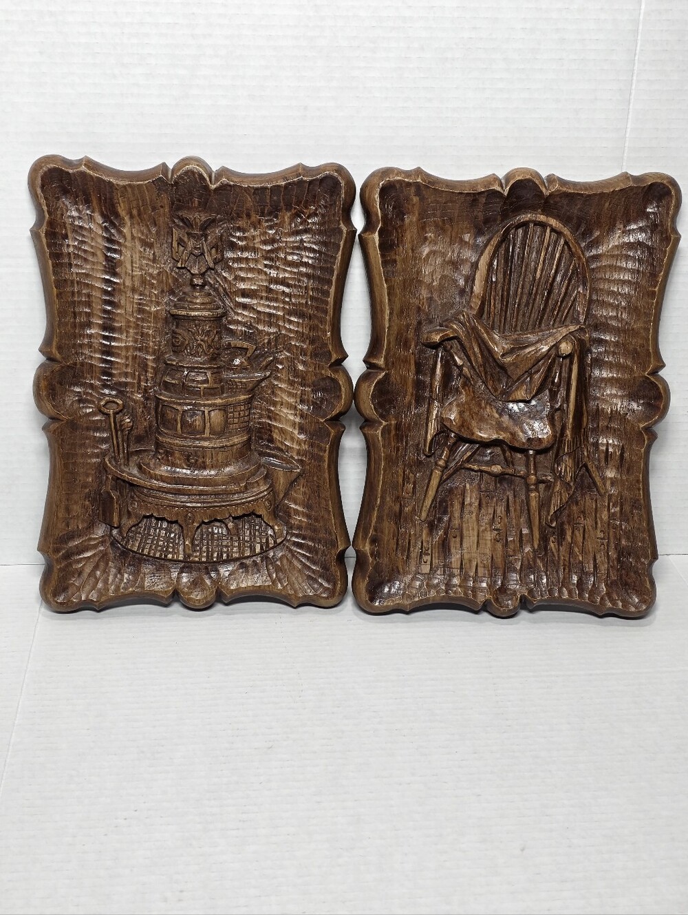 Vintage 3D Faux Wood Resin Wall Plaques Pot Belly Stove & Windsor Chair & Shawl